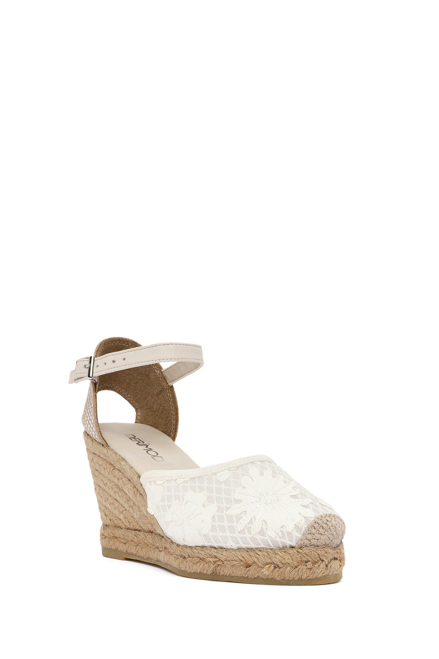 Women's Cream Ankle Strap Patterned Wedge Heel Espadrilles