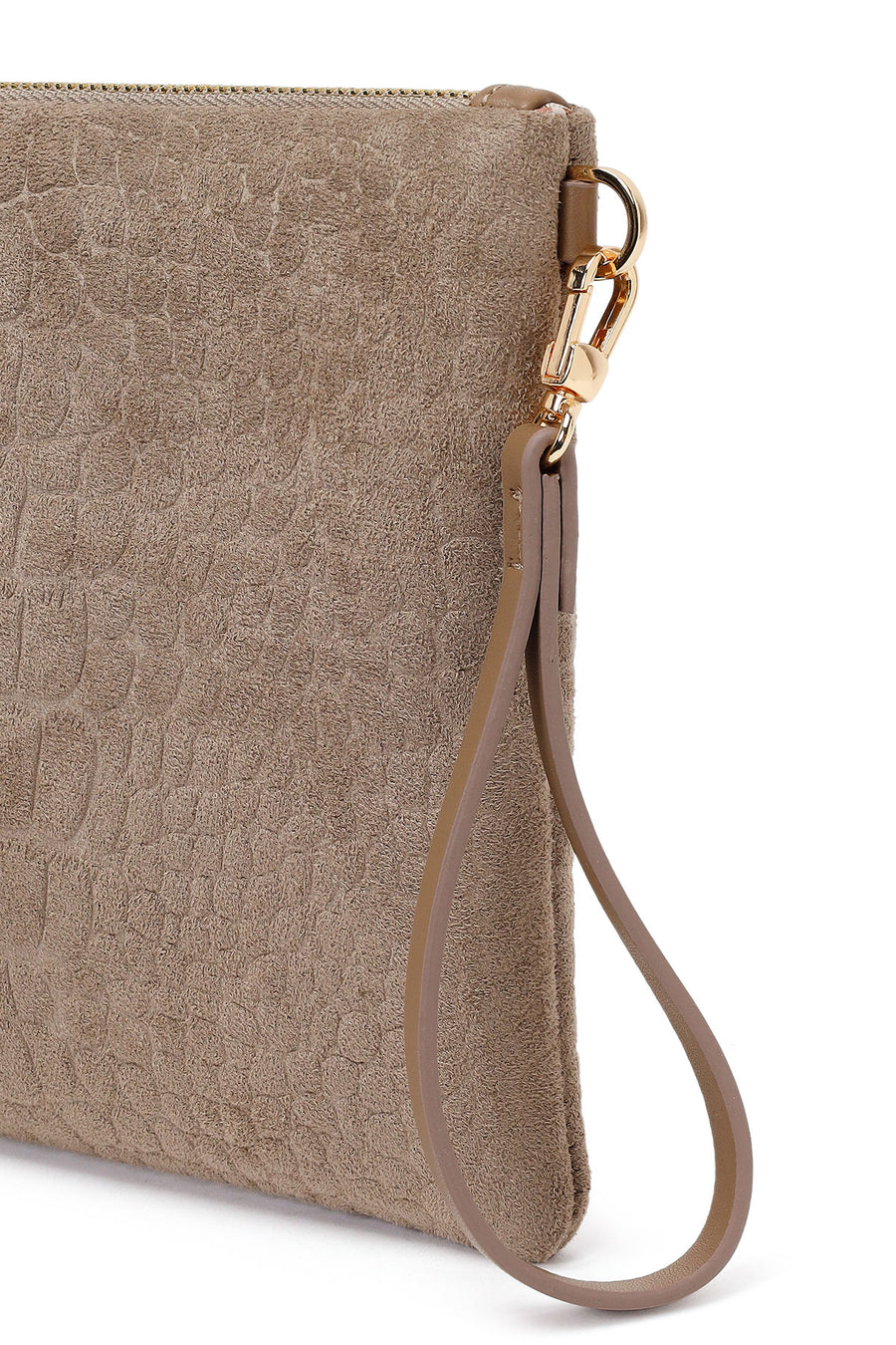 Woman Beige Chain Strap Printed Suede Clutch Bag