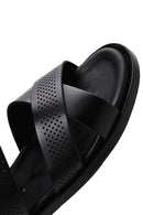 Men's Black Leather Printed Sandals | Derimod