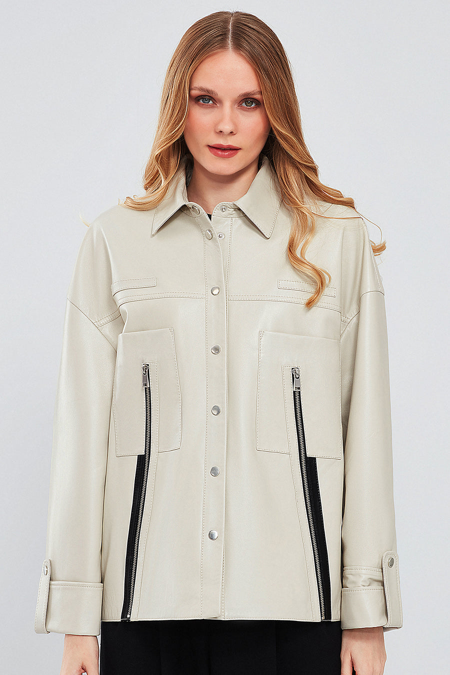 Farrah Women's Beige Oversize Leather Jacket