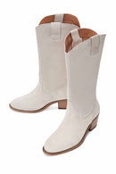 Women's Beige Suede Leather Heeled Cowboy Boots | Derimod