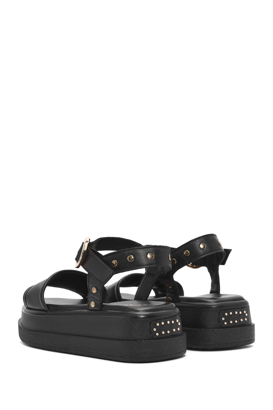 Women's Black Ankle Buckle Thick Soled Leather Sandals