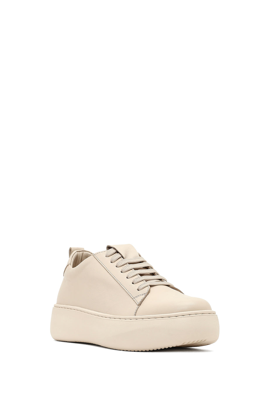 Women's Beige Lace-Up Thick-Soled Leather Sneaker
