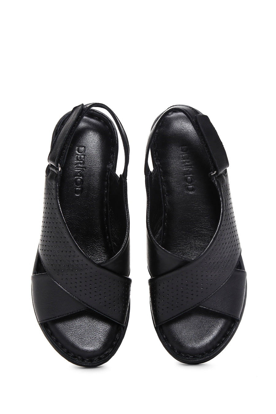 Women's Black Wedge Heeled Leather Comfort Sandals with Ankle Strap