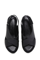 Women's Black Wedge Heeled Leather Comfort Sandals with Ankle Strap | Derimod