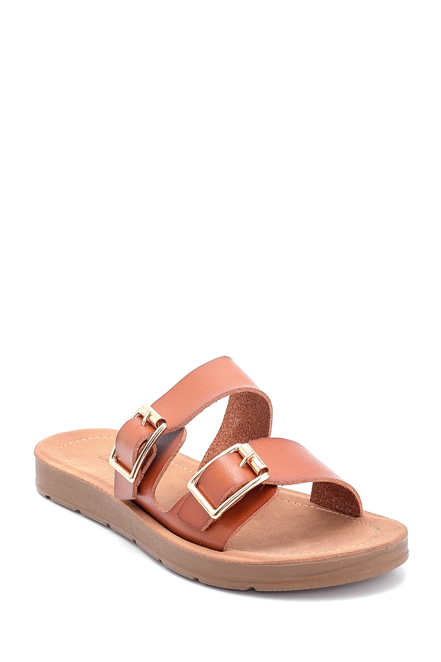Women's Tan Double Buckle Open Back Flat Slippers