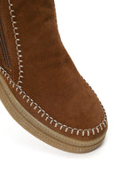 Woman Tan Zip Closure Chunky Sole Suede Teddy Boots | Derimod