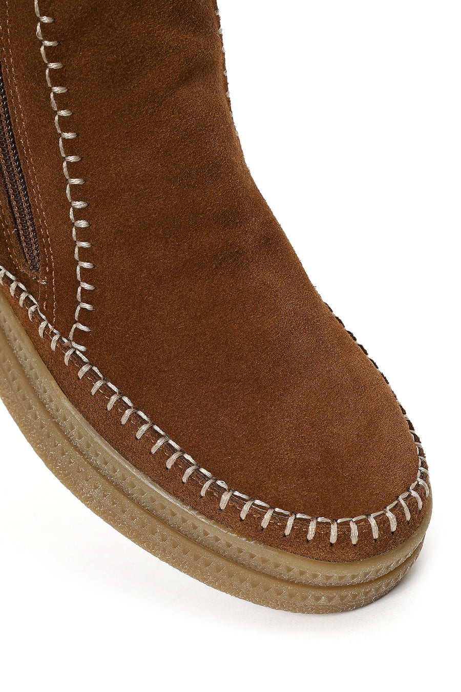 Woman Tan Zip Closure Chunky Sole Suede Teddy Boots