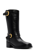 Women's Black Zippered Buckle Detailed Leather Boots | Derimod