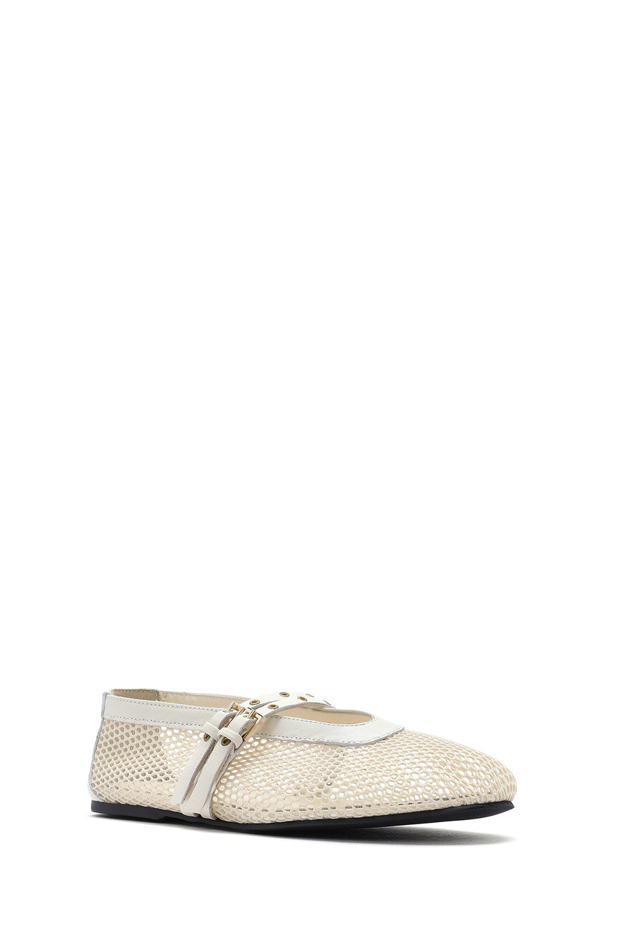 Women's Beige Buckled Mesh Fabric Ballerinas