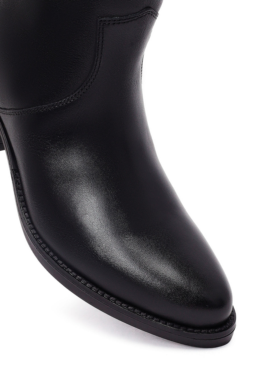 Women's Black Thick Heeled Leather Cowboy Boots