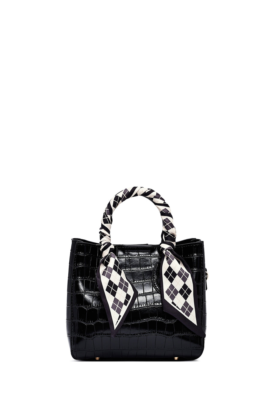 Woman Black Long-Strap Croc-Pattern Mini Shoulder Bag