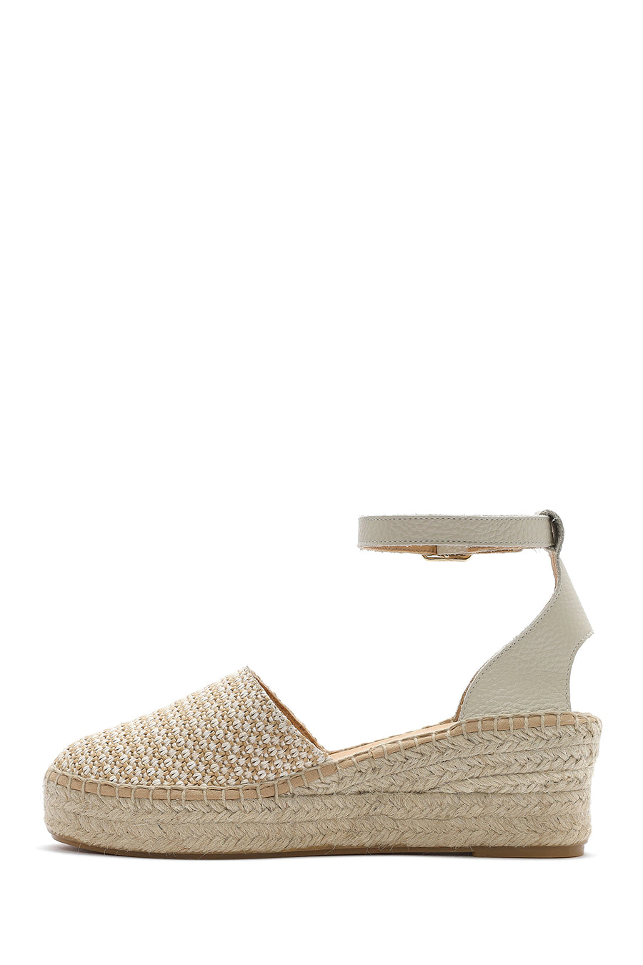 Women's Beige Buckle Ankle Wedge Heel Straw Leather Espadrille Sandals