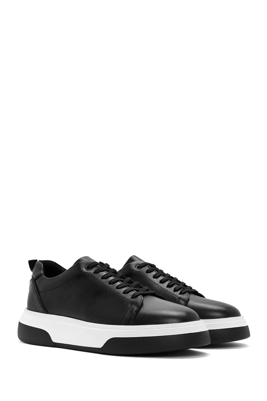 Erkek Siyah Bağcıklı Kalın Tabanlı Deri Sneaker