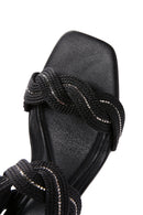 Women's Black Ankle Strap Thick Mid Heel Knitted Pattern Sandals | Derimod