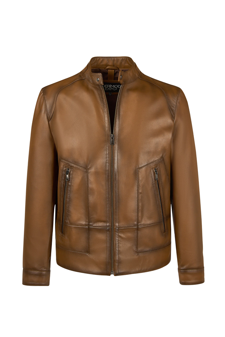 King Male Brown Stand Collar Leather Jacket