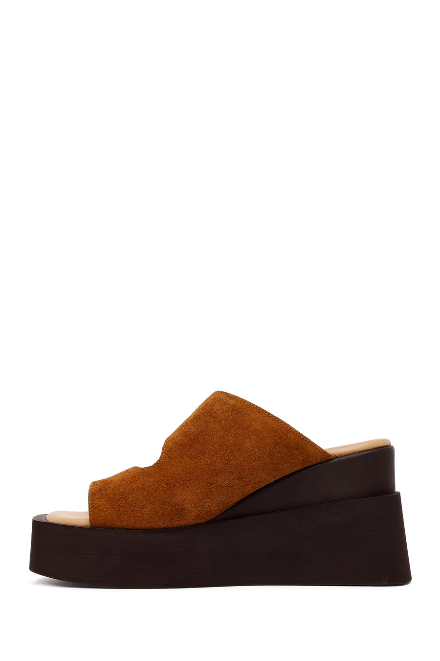 Woman Tan Buckled Wedge Heel Suede Slipper