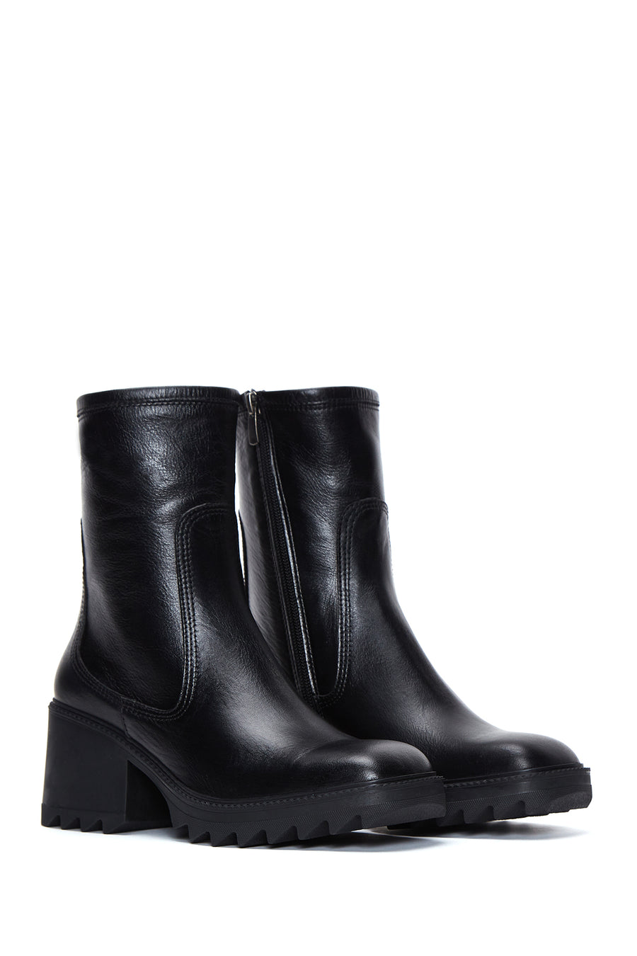 Women's Black Zippered Thick Heeled Leather Boots