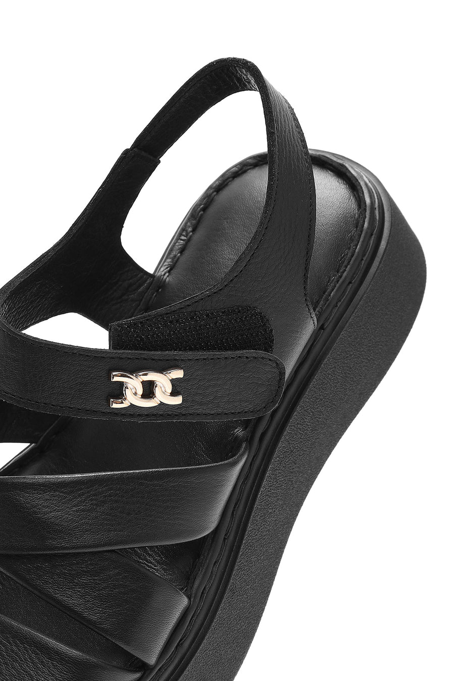 Women's Black Ankle Strap Thick Soled Leather Comfort Sandals