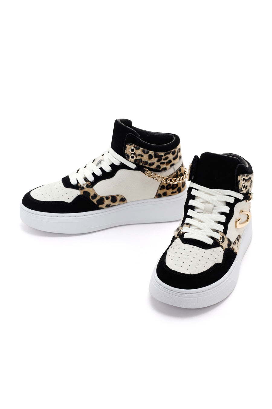 Alberto Guardiani Women's Black White Leopard Leather Thick Sole High Top Sneaker