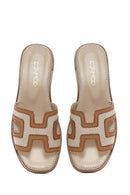 Women's Tan Patterned Leather Slippers | Derimod