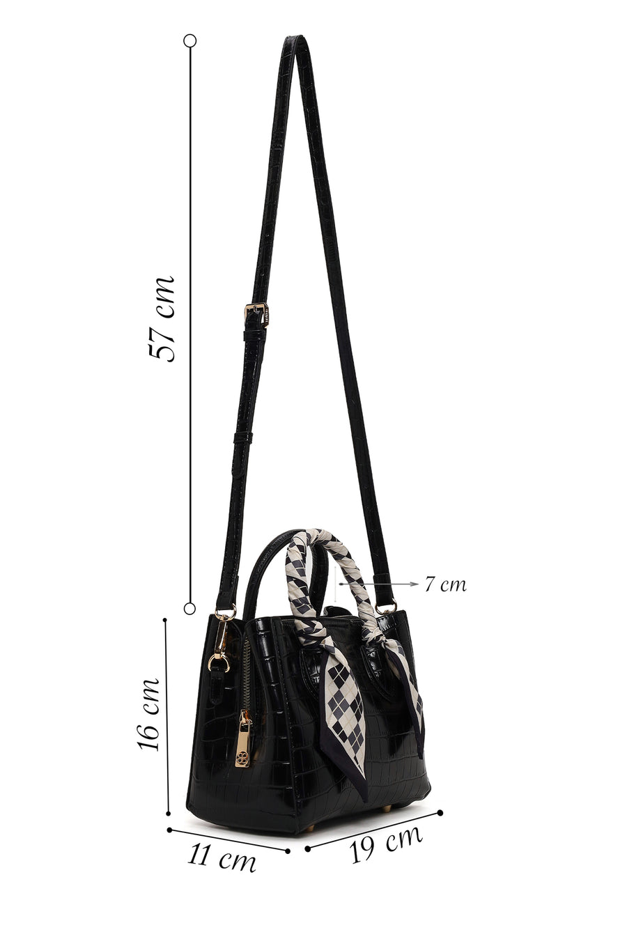 Woman Black Long-Strap Croc-Pattern Mini Shoulder Bag