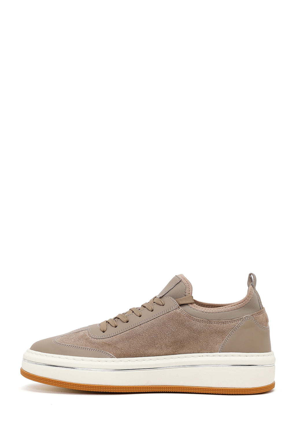 Erkek Bej Bağcıklı Kalın Tabanlı Deri Sneaker
