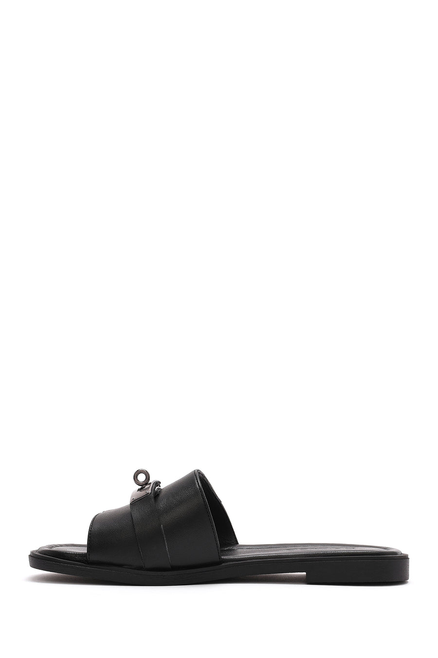 Women's Black Buckle Leather Slippers
