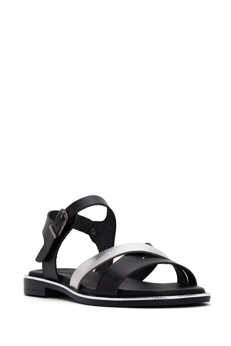 Women's Black Leather Ankle Buckle Sandals