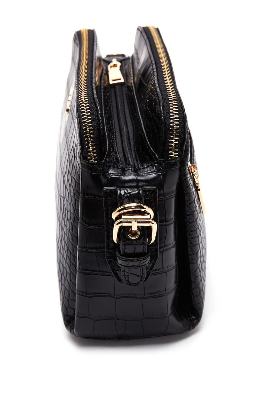 Women's Black Long Strap Crocodile Patterned Crossbody Bag