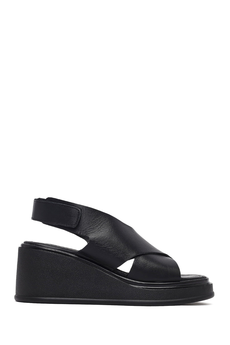 Women's Black Strapped Wedge Heel Leather Sandals 25SFD131618 | Derimod