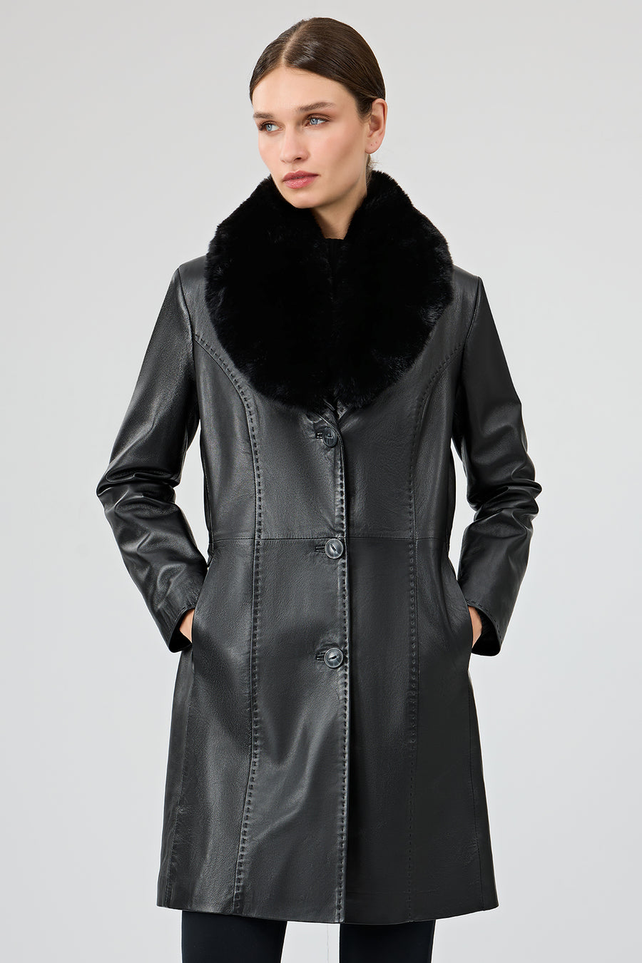 Christina Women's Black Fur Long Leather Coat 22WGE59951M | Derimod