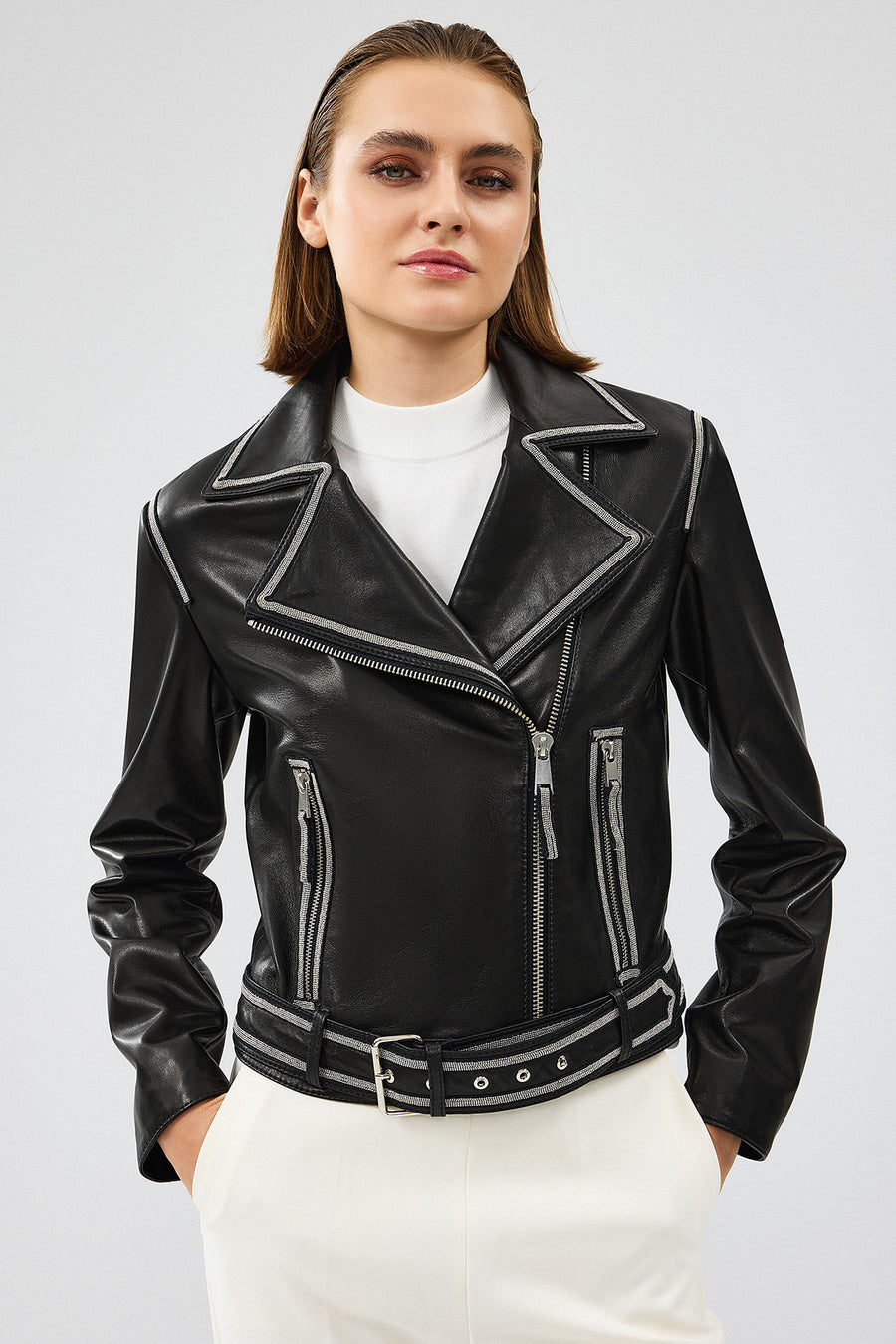 Lady Women's Black Short Leather Jacket