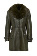 Rhoda Women's Khaki Collar Fur Belt Detailed Leather Coat | Derimod