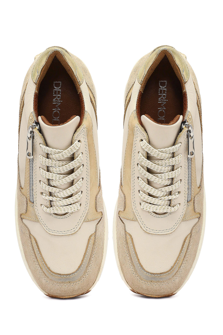 Kadın Bej Bağcıklı Fermuar Detaylı Dolgu Topuklu Deri Sneaker