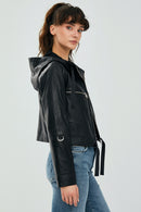 Stella Women's Black Oversize Hooded Short Leather Jacket | Derimod