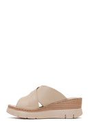 Woman Cream Wedge Heel Leather Comfort Slippers | Derimod