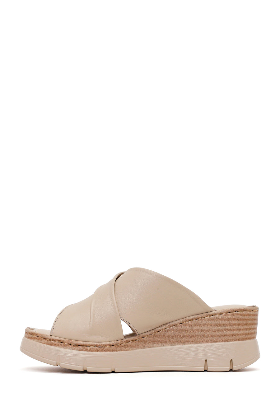 Woman Cream Wedge Heel Leather Comfort Slippers