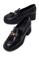 Woman Black Chunky-Heeled Buckled Leather Loafer | Derimod