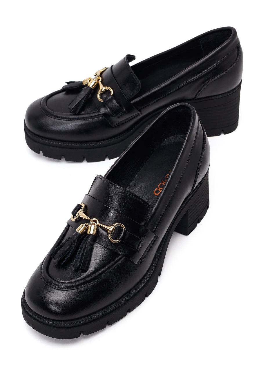 Woman Black Chunky-Heeled Buckled Leather Loafer