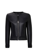 Becky Woman Black Short Leather Jacket with Woven Detail | Derimod