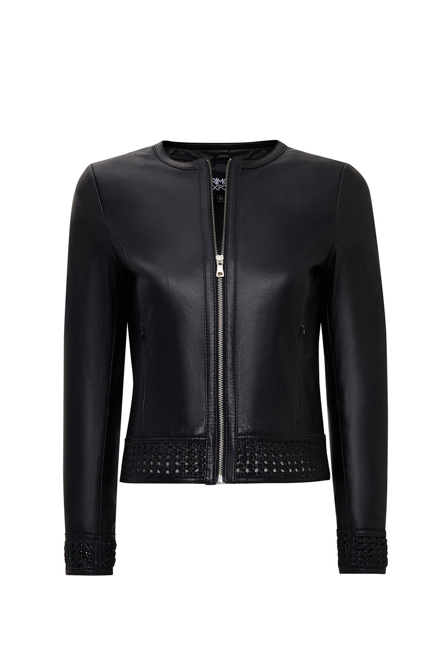 Becky Woman Black Short Leather Jacket with Woven Detail