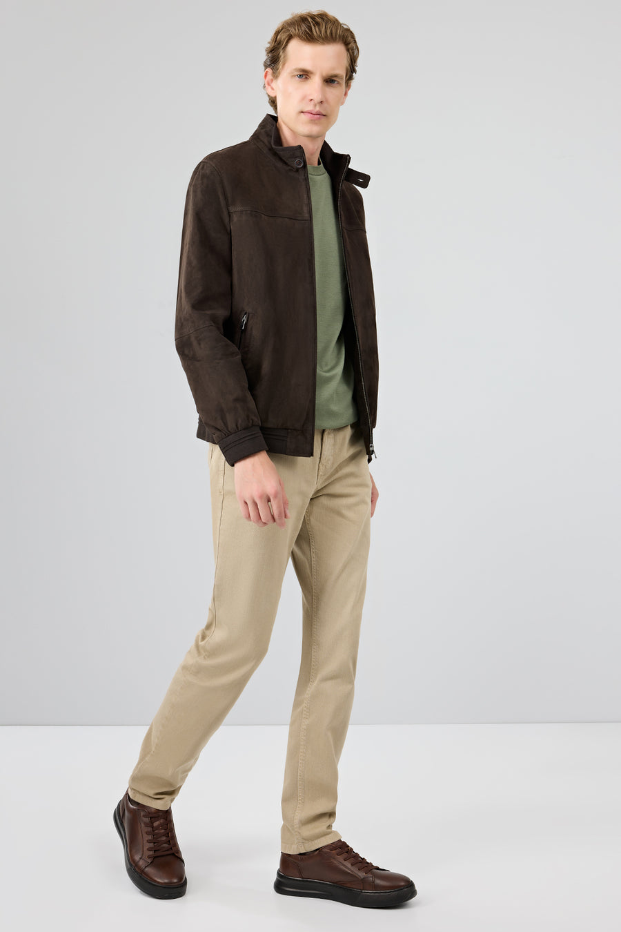 Marcelo Men's Brown Mandarin Collar Suede Leather Jacket