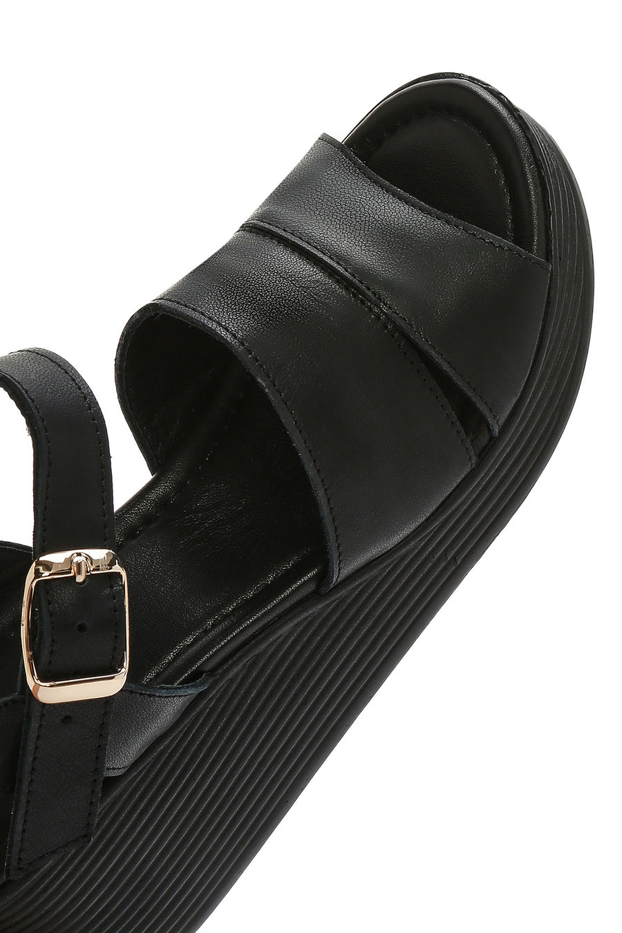 Women's Black Ankle Strap Wedge Heel Leather Sandals