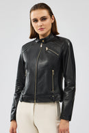 Heidi Women's Black Short Leather Jacket | Derimod