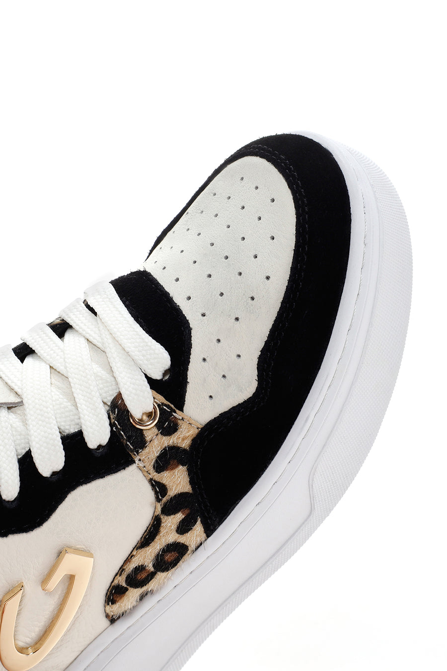 Alberto Guardiani Women's Black White Leopard Leather Thick Sole High Top Sneaker