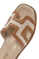 Women's Tan Patterned Leather Slippers | Derimod