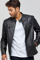 Kawhi Men's Black Slim-Fit Embroidered Leather Coat | Derimod