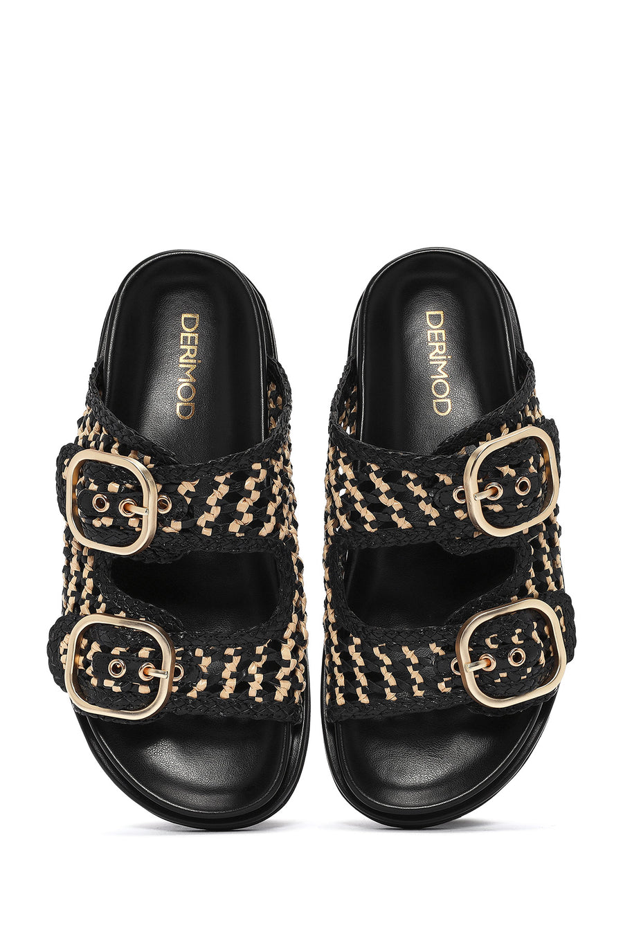 Women's Black Double Buckle Straw Leather Slippers