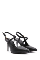 Women's Black Ankle Strap Thin Heeled Leather Shoes | Derimod